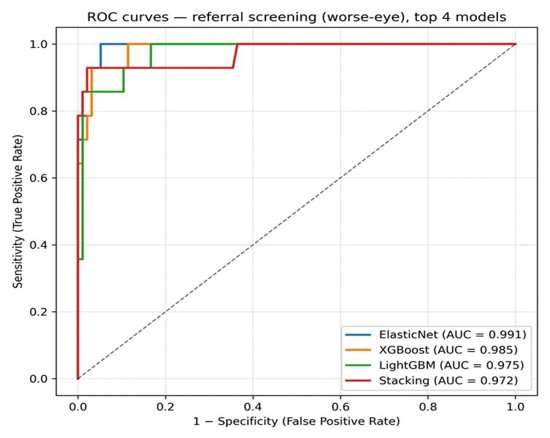 ROC curves for the four best-performing referral models: ElasticNet AUC 0.991, XGBoost 0.985, LightGBM 0.975, Stacking 0.972