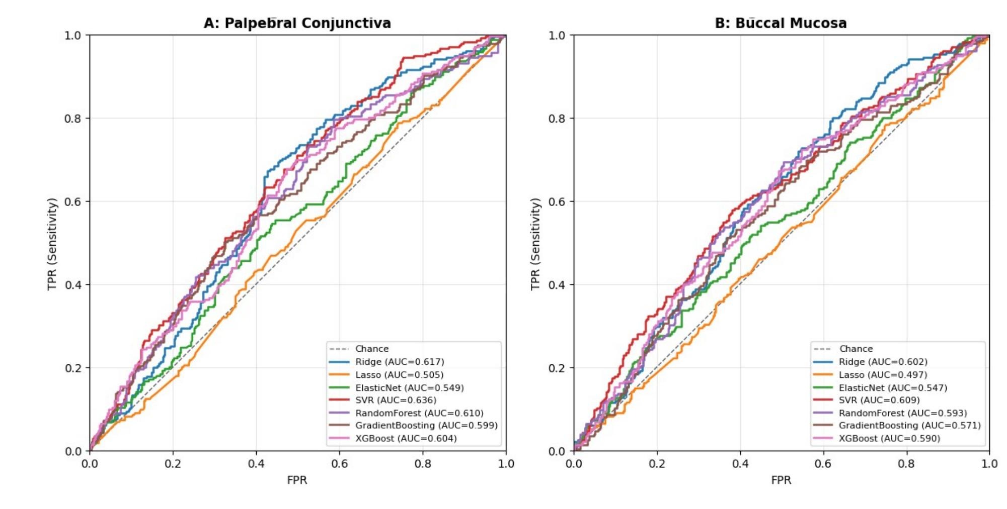 ROC curves for anemia detection (Hb < 11 g/dL) — Panel A: Palpebral Conjunctiva, Panel B: Buccal Mucosa, seven models each
